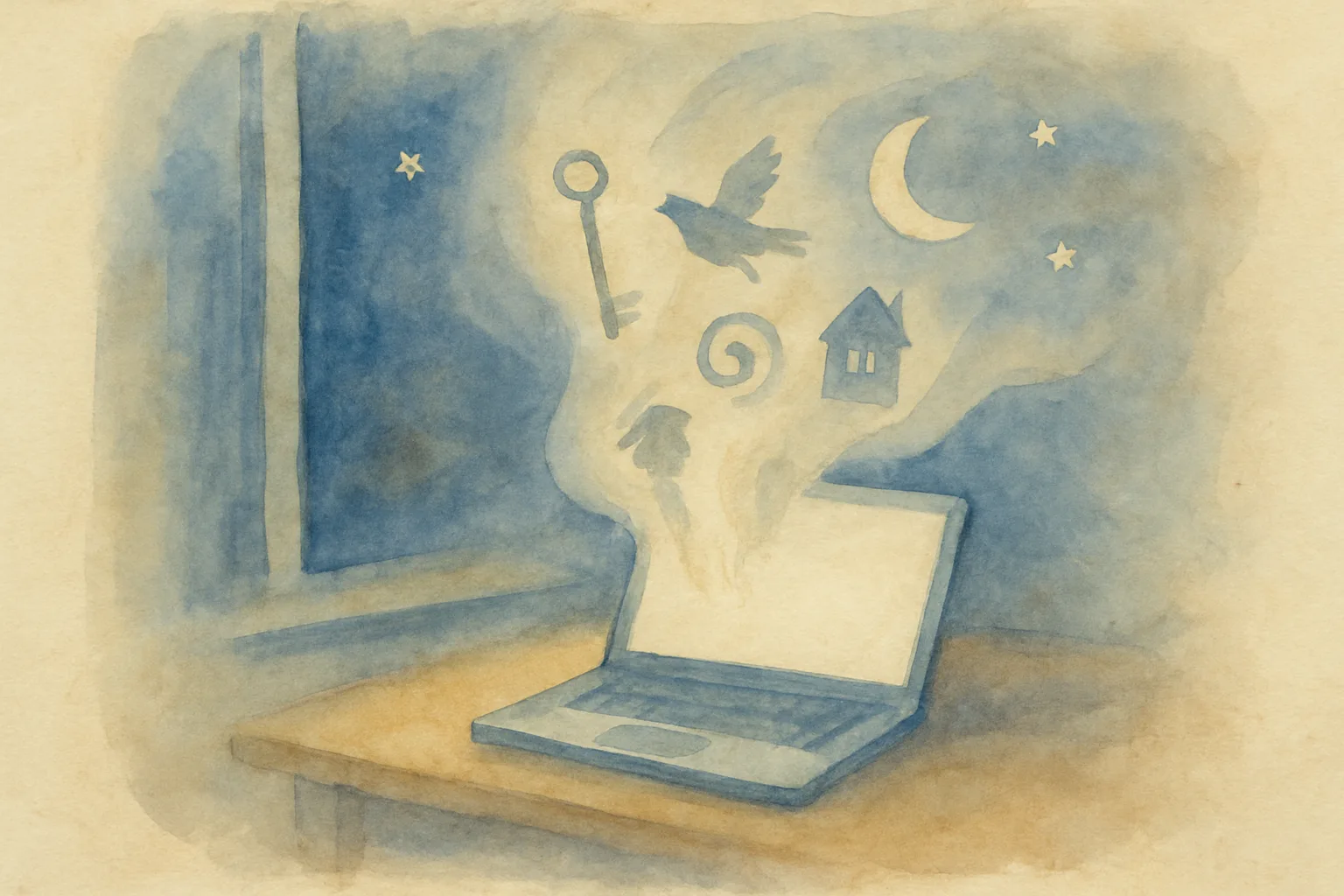 Watercolour of a laptop on a moonlit desk with dream images rising from it like smoke