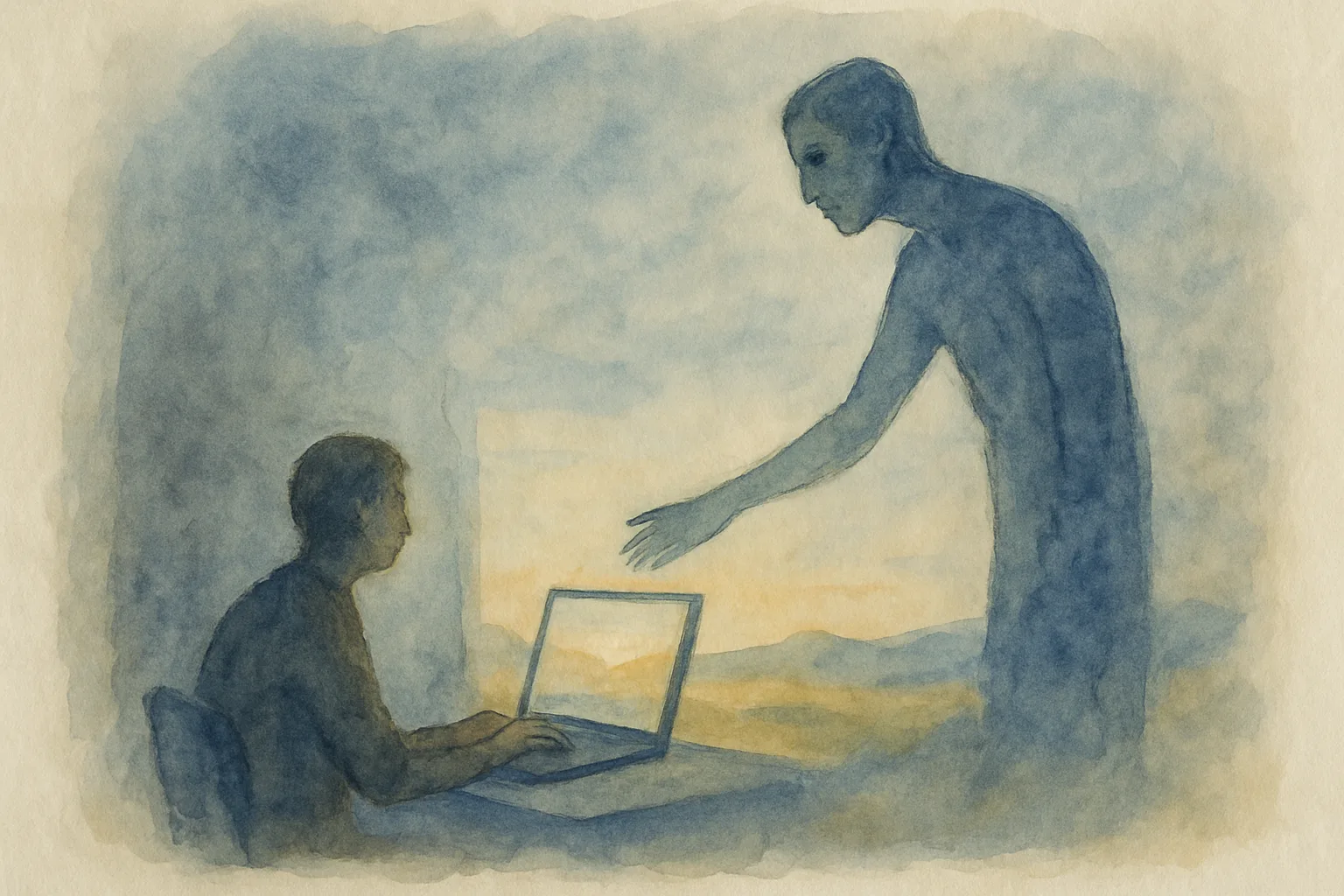 Watercolour of a person at a laptop as the screen opens onto a landscape and a tall dream figure leans out toward them