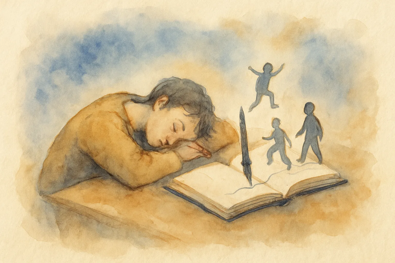 Watercolour of a person asleep at a desk while their dream journal writes itself and small dream figures climb out of the pages