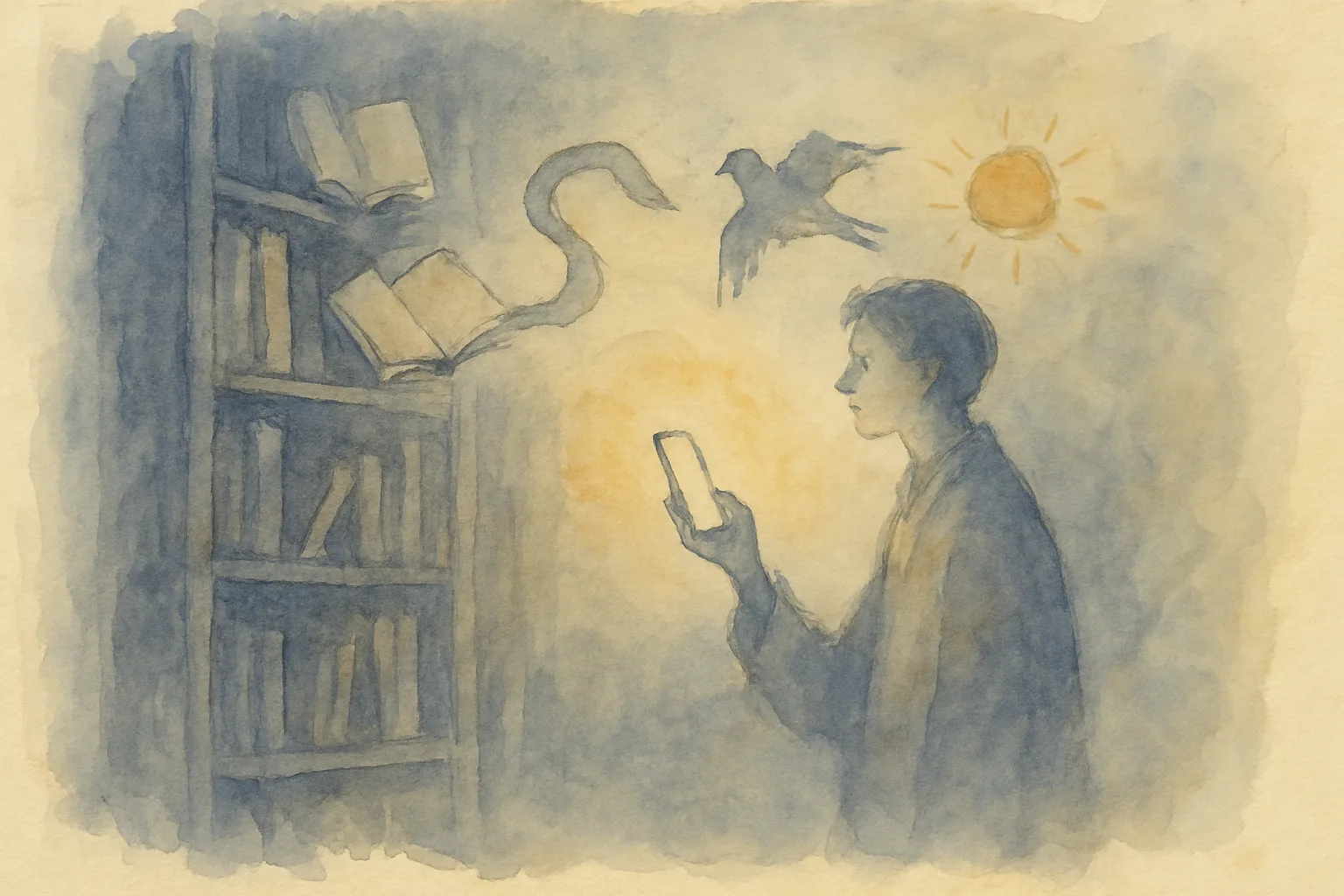 Watercolour of a person holding a glowing phone in a study as books open by themselves and a serpent, a bird and a sun drift toward the screen