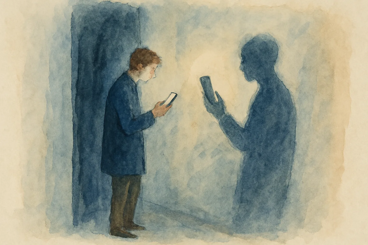 Watercolour of a person looking at their phone in a dark hallway while their shadow on the wall holds a lit phone of its own and looks back