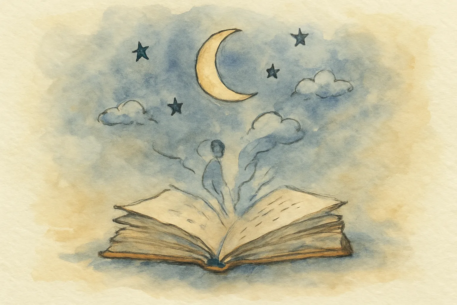 Watercolour of an old open journal with the moon and stars spilling out of its pages
