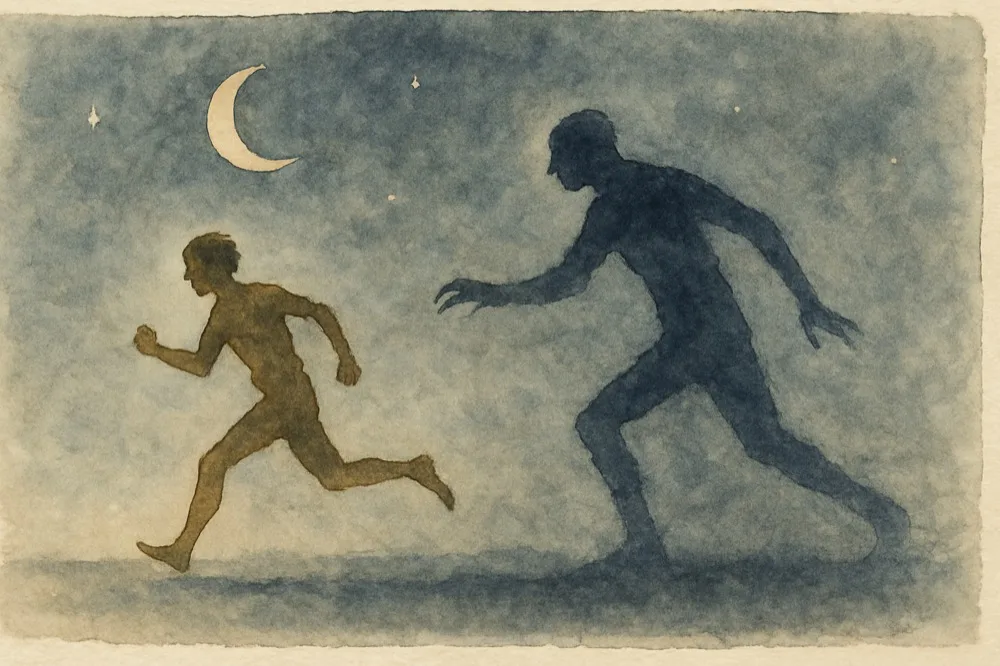 Watercolour of a running figure pursued by a tall indigo shadow-figure reaching out under a crescent moon