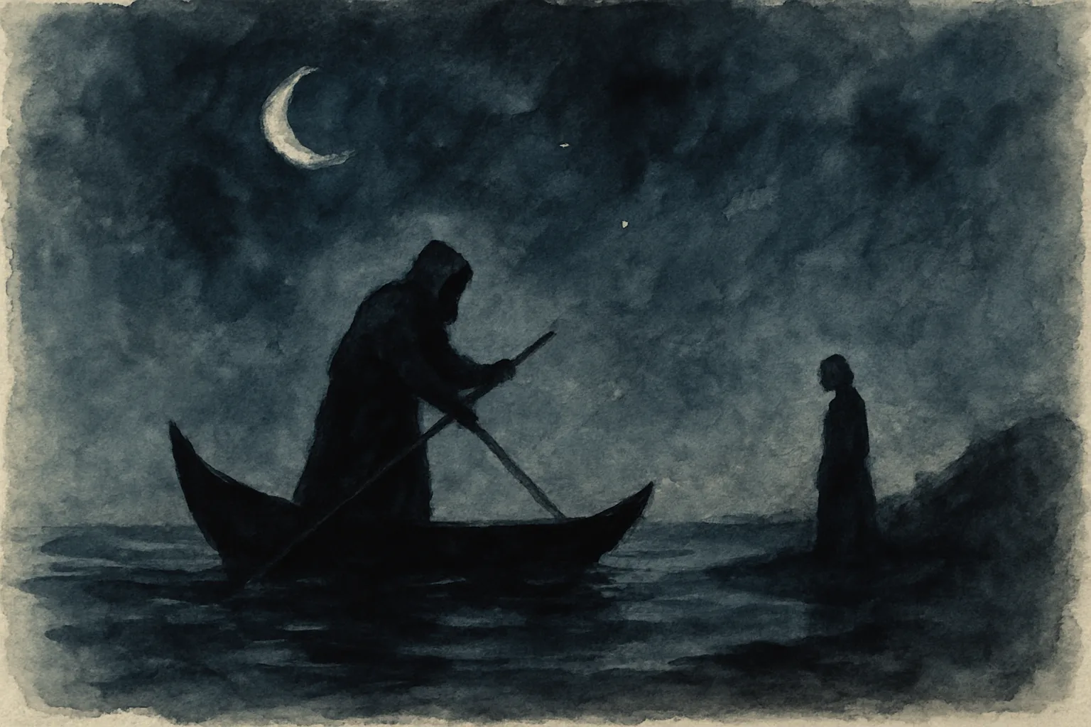 Watercolour of a hooded ferryman rowing across dark water toward a lone figure waiting on the shore beneath a crescent moon