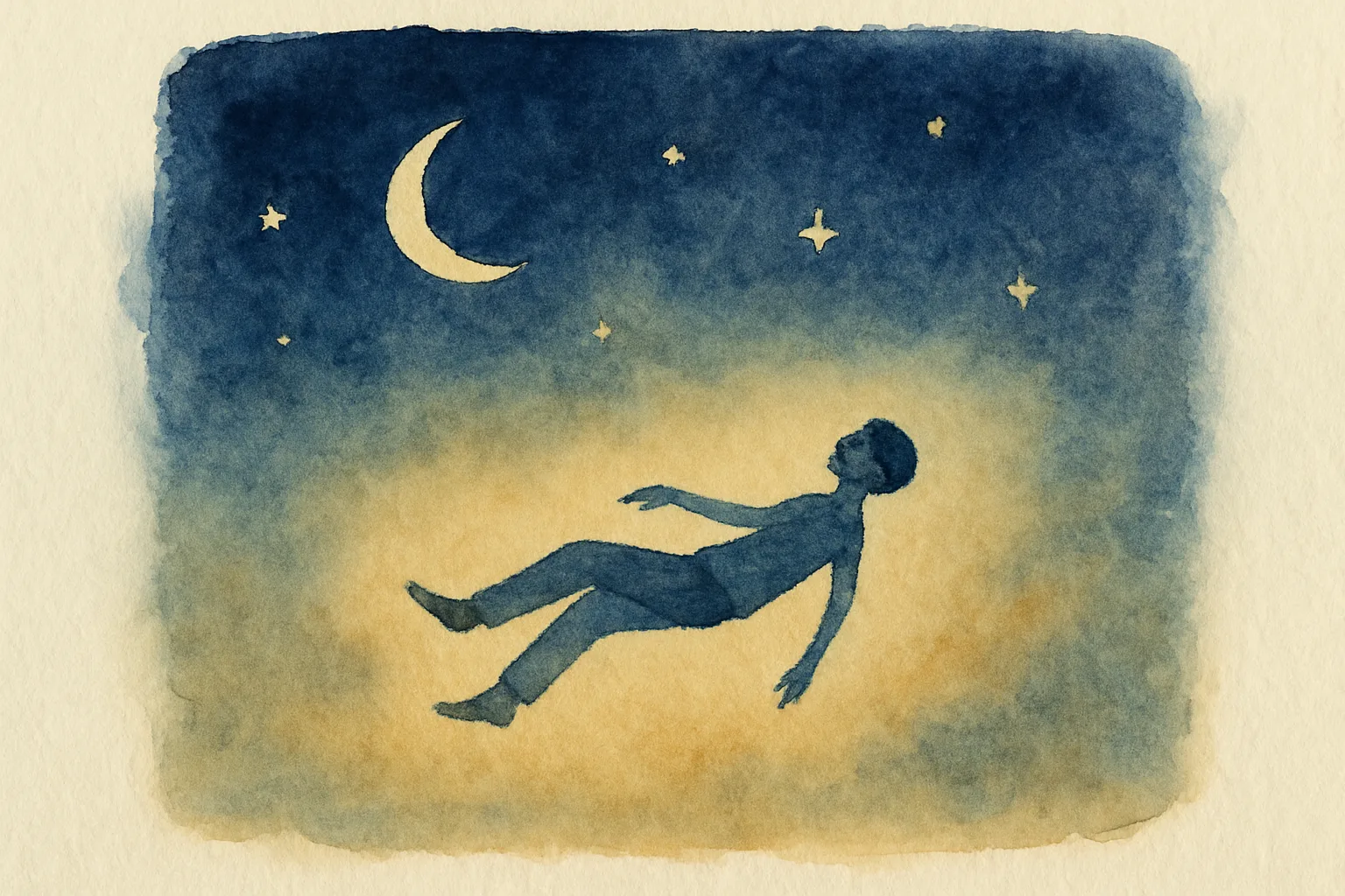 Watercolour of a person floating weightlessly on their back through an indigo night sky under a crescent moon
