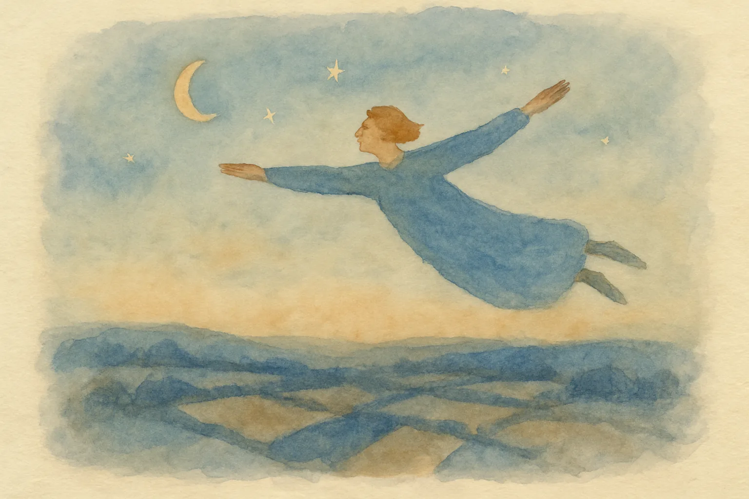 Watercolour of a figure in a flowing blue gown flying with arms outstretched over patchwork fields at dusk, under a crescent moon