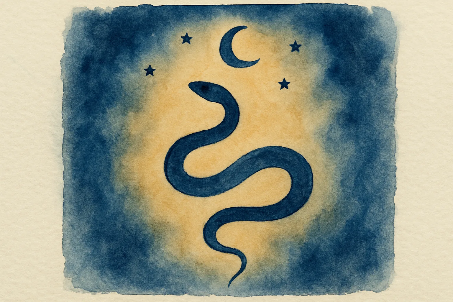 Watercolour of a deep indigo snake curving in an S beneath a crescent moon and stars, on an ochre glow