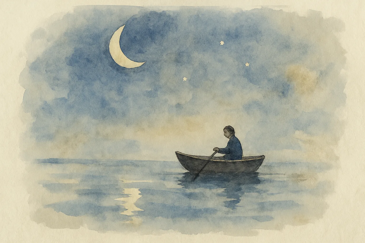 Watercolour of a lone figure rowing a small boat across still, silver-blue water beneath a crescent moon and a few stars