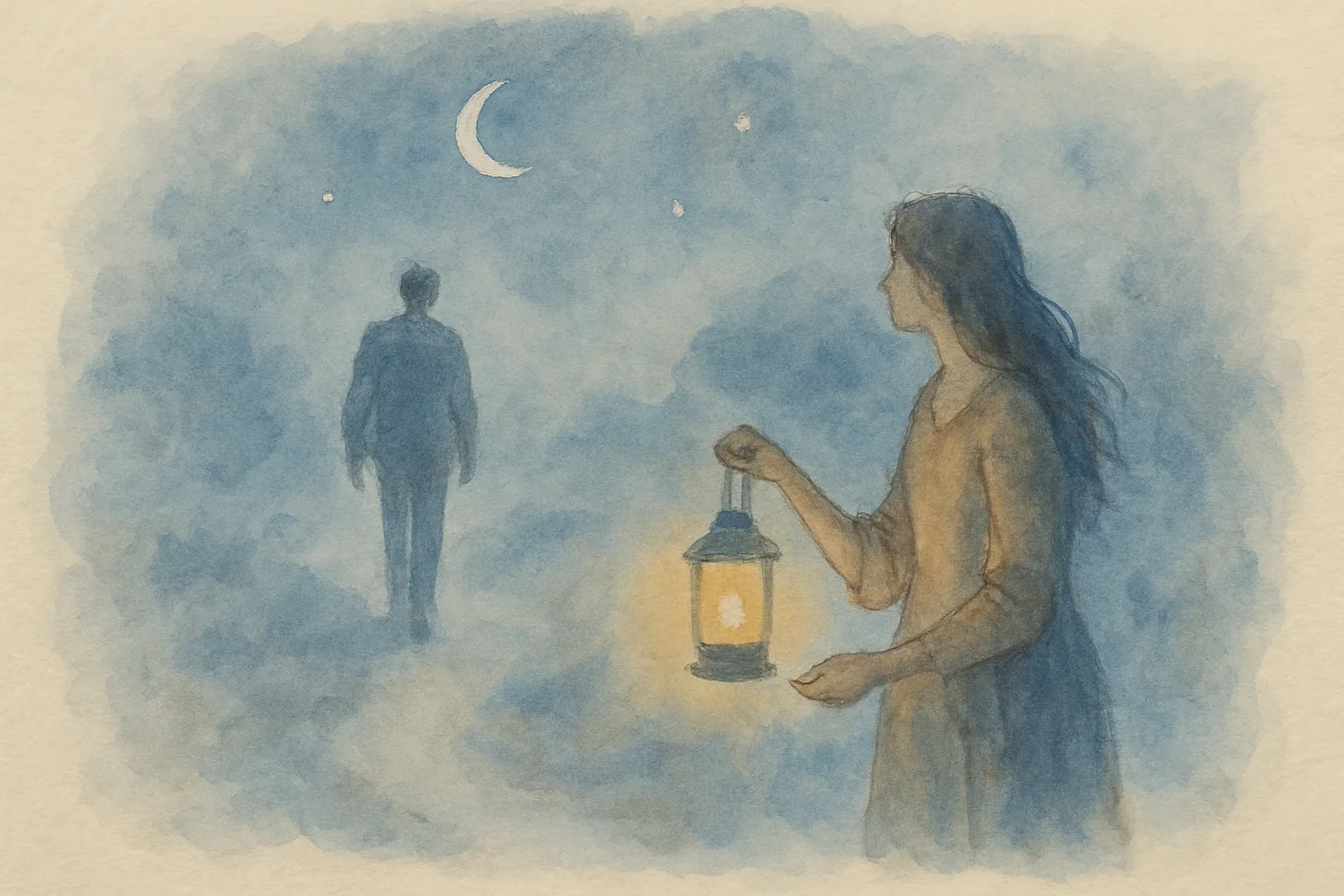Watercolour of a woman holding a glowing lantern as the faint figure of a man walks away into blue mist beneath a crescent moon