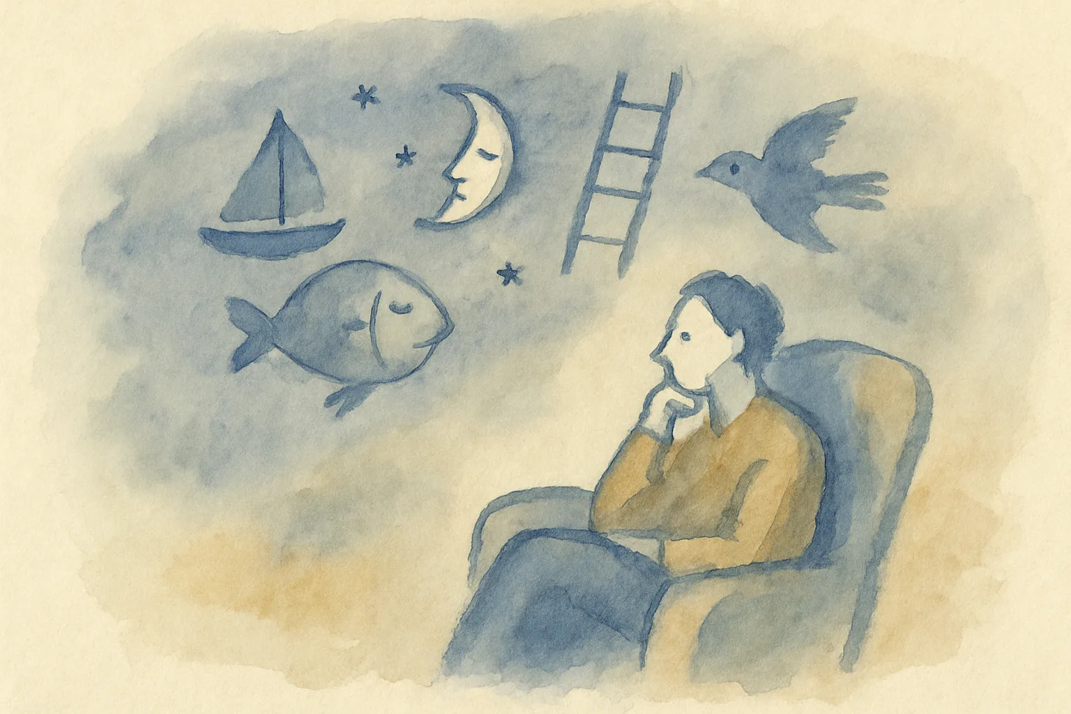 Watercolour of a person dreaming in an armchair as soft dream images drift above them under a crescent moon