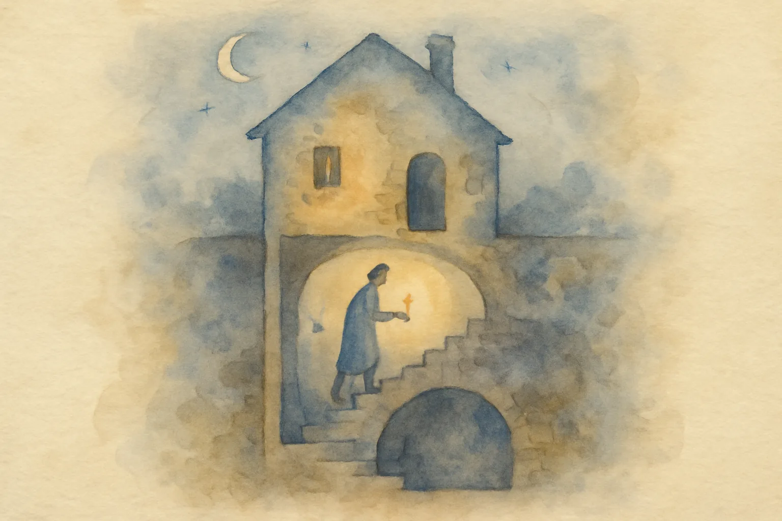 Watercolour of a figure descending candlelit stairs into the cellar beneath a house, after Jung's dream of the house