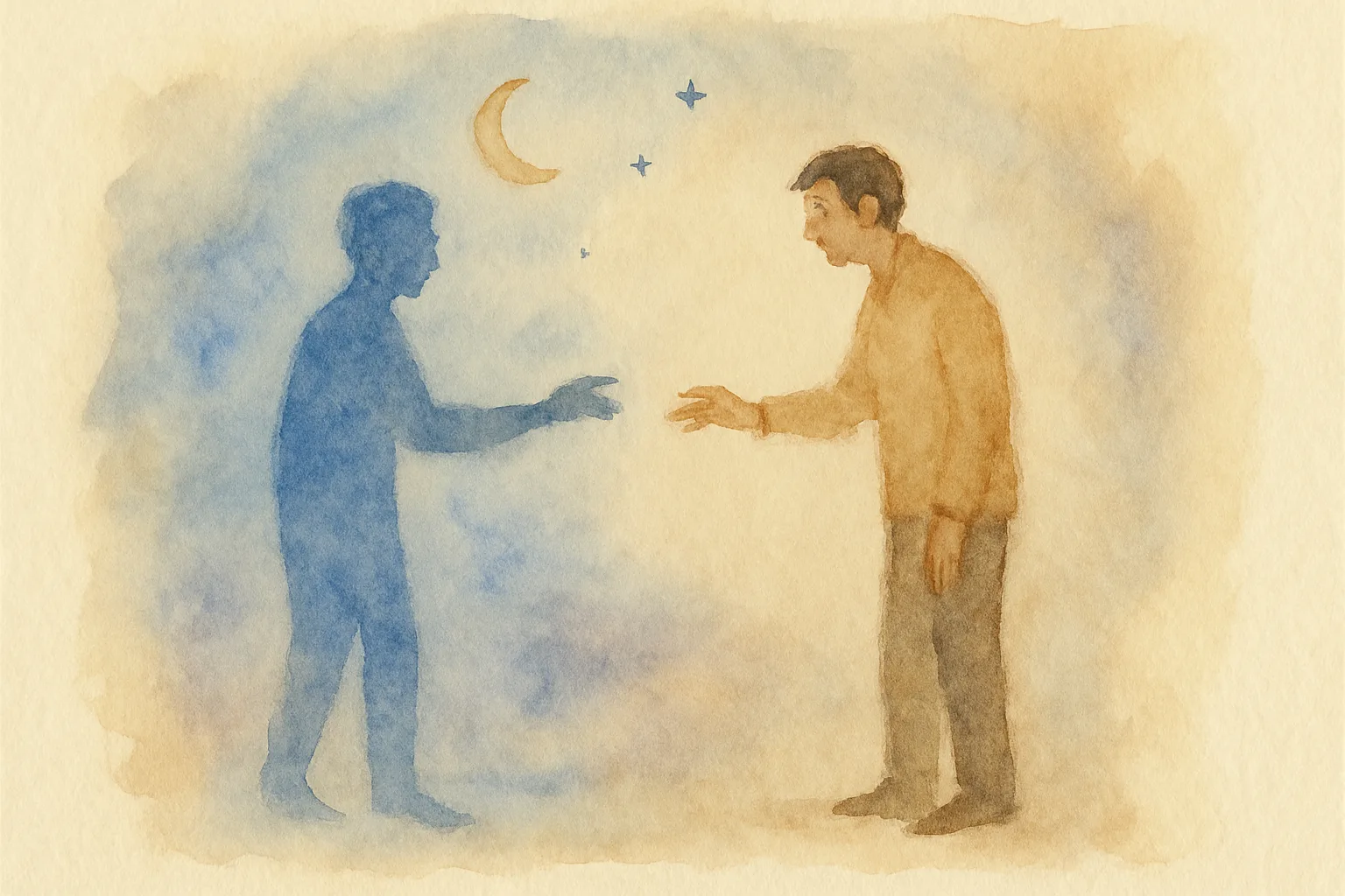 Watercolour of a man facing his own shadow-figure, both hesitant, beneath a crescent moon and a few stars
