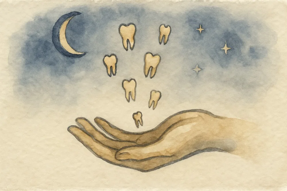 Watercolour of small teeth drifting down like seeds into an open cupped hand beneath a crescent moon